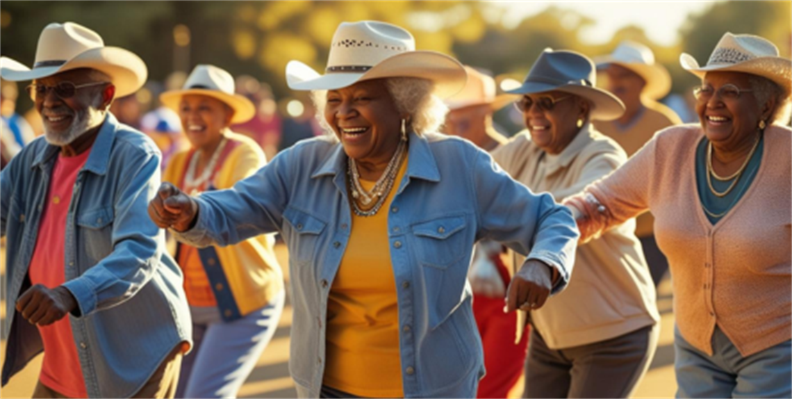 50+ Seniors line dancing in western outfits
