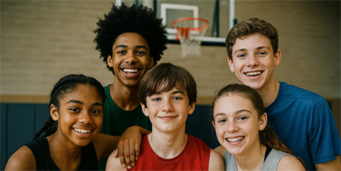 Diverse group kids in basketball uniforms with net in background.